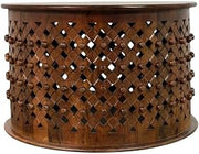 Furnifact Mango Wood Round Coffee Table with Lattice-Weave Top, Hand-Carved Center Table for Living Room, Chestnut
