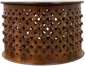 Furnifact Mango Wood Round Coffee Table with Lattice-Weave Top, Hand-Carved Center Table for Living Room, Chestnut