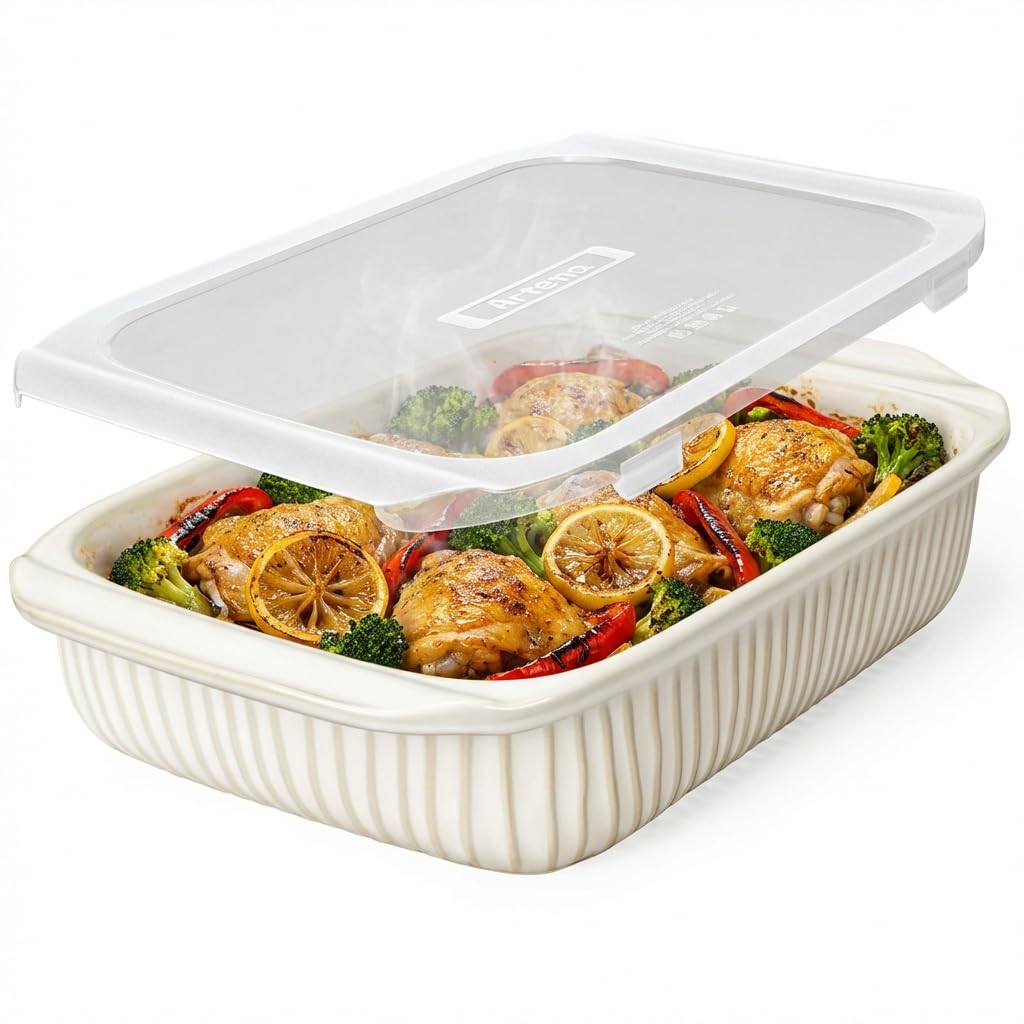 Artena Ceramic Casserole Dish, 5.1 Quart Rectangular Bakeware With Lid, White
