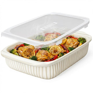 Artena Ceramic Casserole Dish, 5.1 Quart Rectangular Bakeware With Lid, White