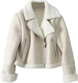 Women's Genuine Lambskin Leather Jacket Creamy White Shearling Faux Fur Moto Biker Coat Winter Warm Cropped