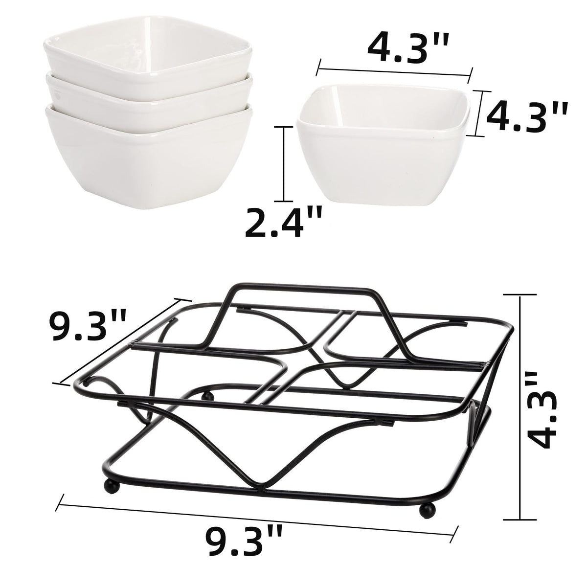 Pumtus Ceramic Divided Snack Tray, 4 Removable 12oz Bowls with Metal Stand, White