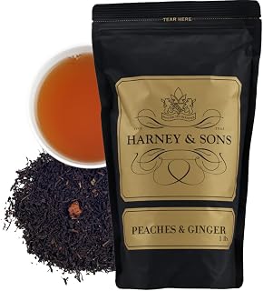 Harney & Sons Peaches & Ginger Loose Leaf Black Tea, 16 oz | Loose leaf black tea with peach and ginger flavors, peach pieces, and ginger pieces. Contains caffeine.