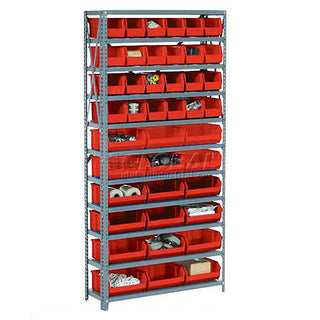 Open Bin Shelving w/11 Shelves & 30 Red Bins by Global Industrial – 12"L x 36"W x 73"H, Alloy Steel, Model 603250RD