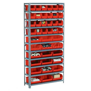Open Bin Shelving w/11 Shelves & 30 Red Bins by Global Industrial – 12"L x 36"W x 73"H, Alloy Steel, Model 603250RD
