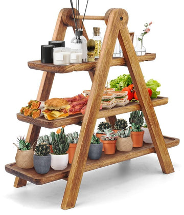 Manspdier Wood 3 Tier Serving Tray, Collapsible Ladder Stand, Brown