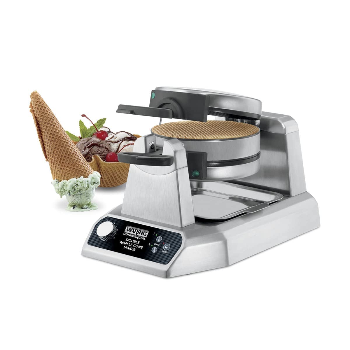 Double Waffle Cone Maker with Rotary Feature by Waring – 18.62 x 12.37 x 11.25 inches, Stainless Steel, Silver, Pack of 3, Model WWCM200