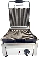 Eurodib Commercial Panini Press, Ribbed Plates, 1800W, 120V – SFE02325 | Dual heating elements, ribbed cast iron plates, thermostat to 572°F, self-balancing plate, NSF certified