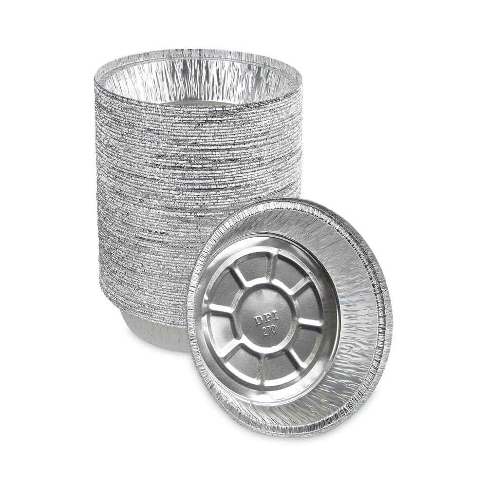 7 in. x 1.46 in. 24 oz. Round Aluminum to-Go Containers - Silver (500/Carton) by Boardwalk – 7 inches in diameter x 1.46 inches in height, 24.0 ounces, Aluminum, Model BWKROUND7
