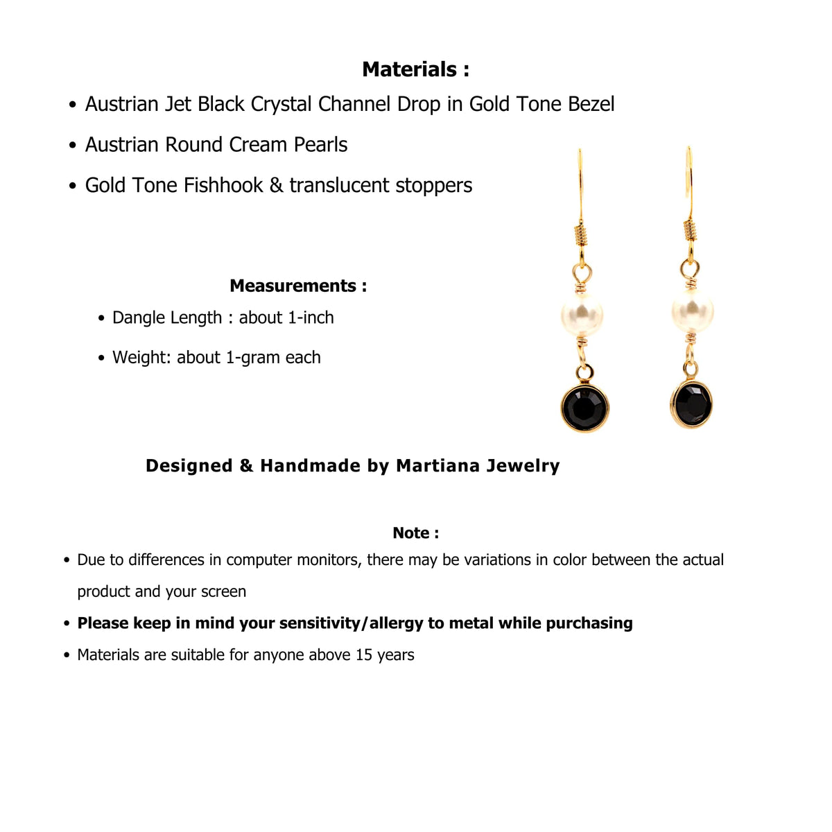 Crystal Channel Drop Dangle Earring - Jet Black Color by Martiana Jewelry – 1 inch, Crystal, Pearl, Gold Tone Ear Hook, Jet Black, Model MJ-E109