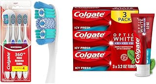 Colgate 360 Optic White Whitening Toothbrush, Adult Soft Toothbrush with Whitening Cups, Helps Whiten Teeth and Removes Odor Causing Bacteria, 4 Pack & Optic White Advanced Teeth Whitening Toothpaste