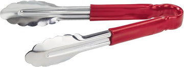 Winco 9" Red Plastic Stainless Steel Serving Tongs | Color coded, Scalloped edges, Restaurant service, Great for Salads and Buffets