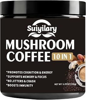 Suiyilary Mushroom Coffee, 10 Mushroom Extract Powder Blend Lion's Mane, Reishi, Chaga, Cordyceps, Turkey Tail, Brain Supplements with Instant Coffee for Energy, Focus, Memory and Immunity 150g