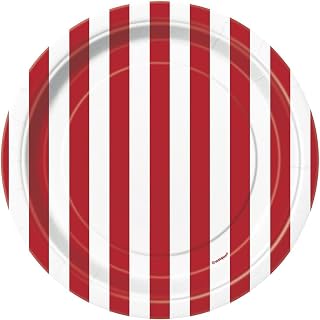 Unique Party Dazzling Ruby Red Stripes Round Dessert Plates - 7" (8 Count) - Perfect for Parties, Events & Celebrations