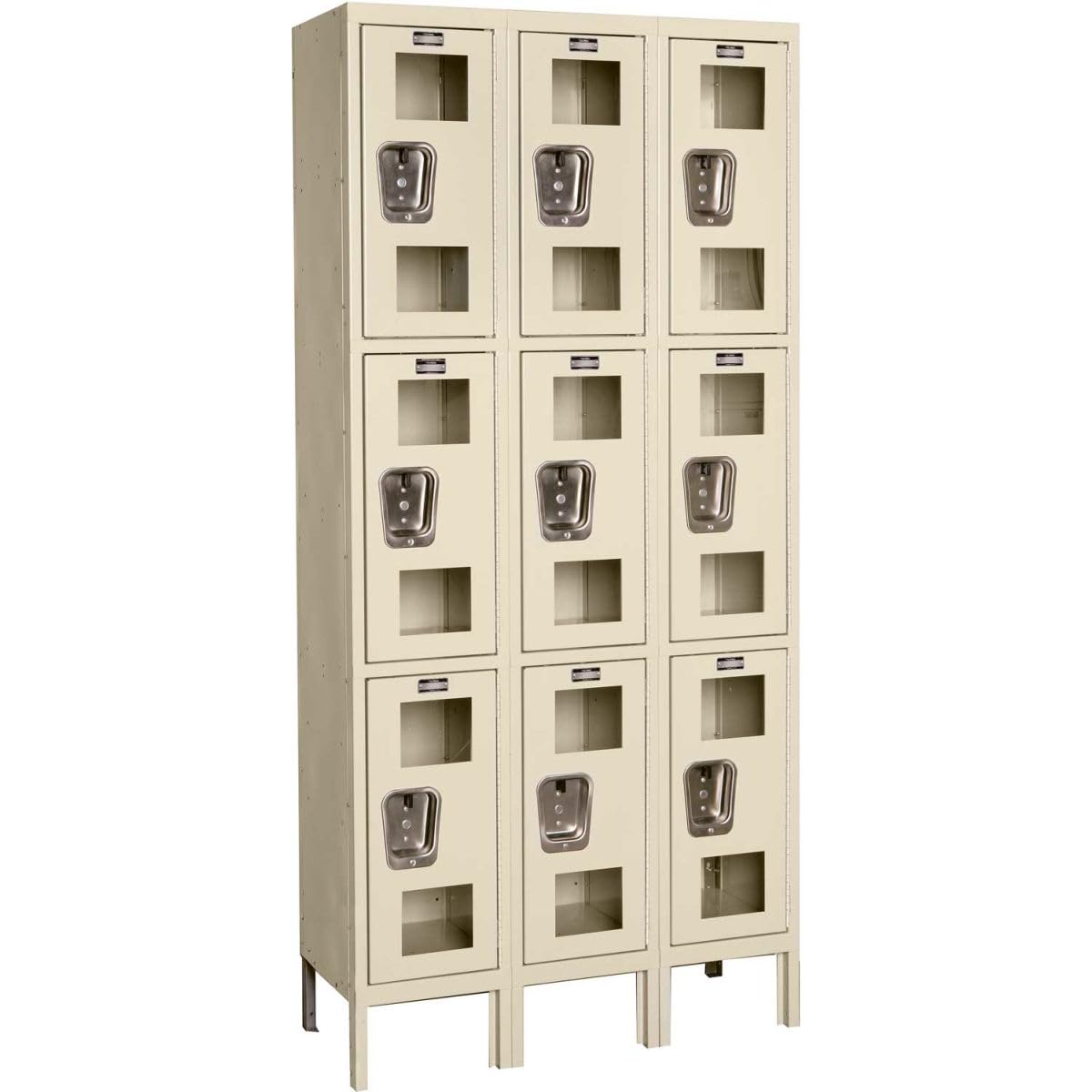 Global Industrial Triple Tier 9 Door Clear View Locker by Hallowell – 12 inches (W) x 15 inches (D) x 24 inches (H), Stainless Steel, Clear, Model USV3258-3PT-GL