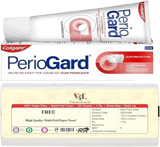 Colgate Gum Protection PerioGard Toothpaste 90grm/3.2oz Helps Fight Plaque Dual Active Formula Helps to Keep Gums Healthy + V4L 125 Sheets Multifold Paper Towel Free