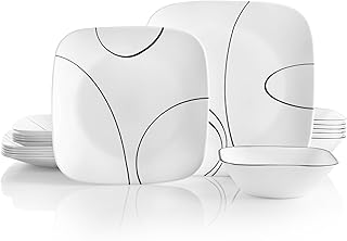 Corelle 18-Piece Service for 6 Dinnerware Set Triple Layer Glass and Chip Resistant, Lightweight Square Plates and Bowls Set, Simple Lines