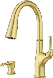 Pfister Alderwood Kitchen Faucet with Pull Down Sprayer and Soap Dispenser Single Handle High Arc Spout Brushed Gold Finish NSF Certified 1 or 3 Hole Installation F5297AWBG