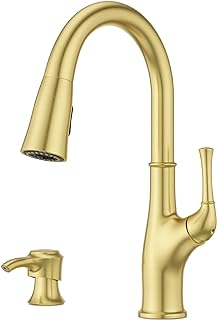 Pfister Alderwood Kitchen Faucet with Pull Down Sprayer and Soap Dispenser Single Handle High Arc Spout Brushed Gold Finish NSF Certified 1 or 3 Hole Installation F5297AWBG