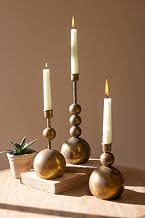 KALALOU CLL2695 Antique Brass Taper Candle Holders - Decorative Stacked Sphere Design, 11.5 in Height, Set of 3
