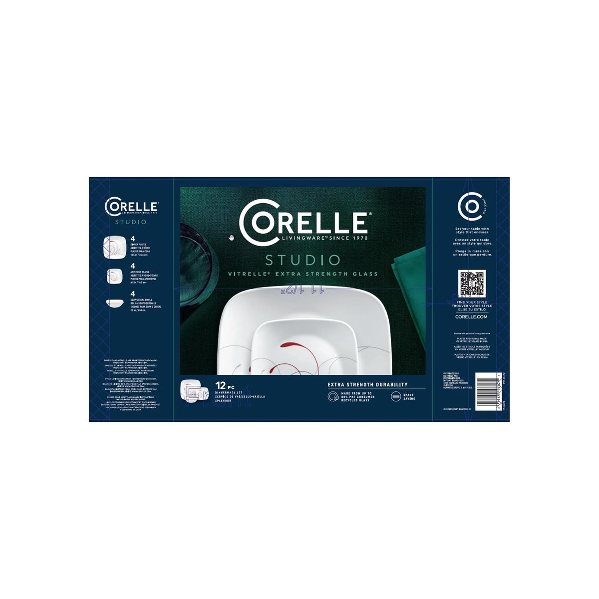 Square Splendor 12-piece Dinnerware Set with Appetizer Plates by Corelle – Dinner set with Appetaizer Plates, Triple-layer-strong glass, Model 1142725