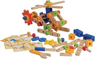 Constructive Playthings Wood Stress Nut and Bolt Builder with Activity Cards, Building Toys for Toddlers, Early STEM and Fine Motor Skills, 84-Piece Kids Playset, Ages 3 Years Plus