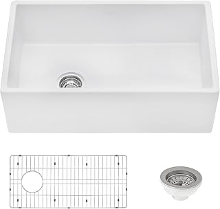 Ruvati 30-in White Fireclay Farmhouse Sink Left Drain - RVL2018WL