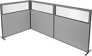 Global Industrial 60-1/4"W x 60" H Freestanding 3-Panel Corner Room Divider with Partial Window, Gray