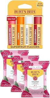 Burt's Bees Bundle - Superfruit Lip Balm, Grapefruit, Mango, Coconut & Pear, Pomegranate 4 Tubes, 0.15 oz + Rose Water Face Wipes, Micellar Makeup Remover & Facial Cleansing Towelettes, 30 Ct (3-Pack)