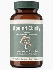 Rooted Clarity Organic Mushroom Complex - Lion's Mane, Reishi, Cordyceps with Beta-Glucans - Cognitive Focus, Memory & Immune Support - Vegan, Non-GMO, 60 Capsules