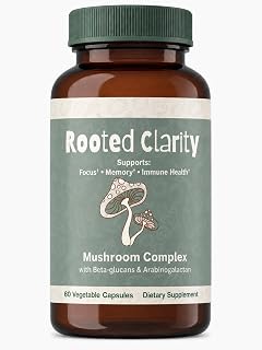 Rooted Clarity Organic Mushroom Complex - Lion's Mane, Reishi, Cordyceps with Beta-Glucans - Cognitive Focus, Memory & Immune Support - Vegan, Non-GMO, 60 Capsules