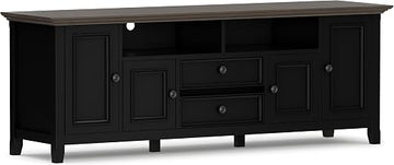 SIMPLIHOME Amherst 72" Wide Solid Wood TV Stand in Black/Smoky Brown