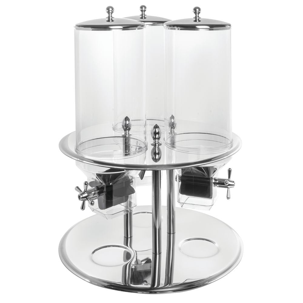 Cereal Dispenser for 3 Kinds of Cereal Stainless Steel - 19 1/3 Dia x 26 1/5 H by HUBERT – Large, 8.7 gallons, Stainless Steel, Silver with Transparent Containers, Model 10306