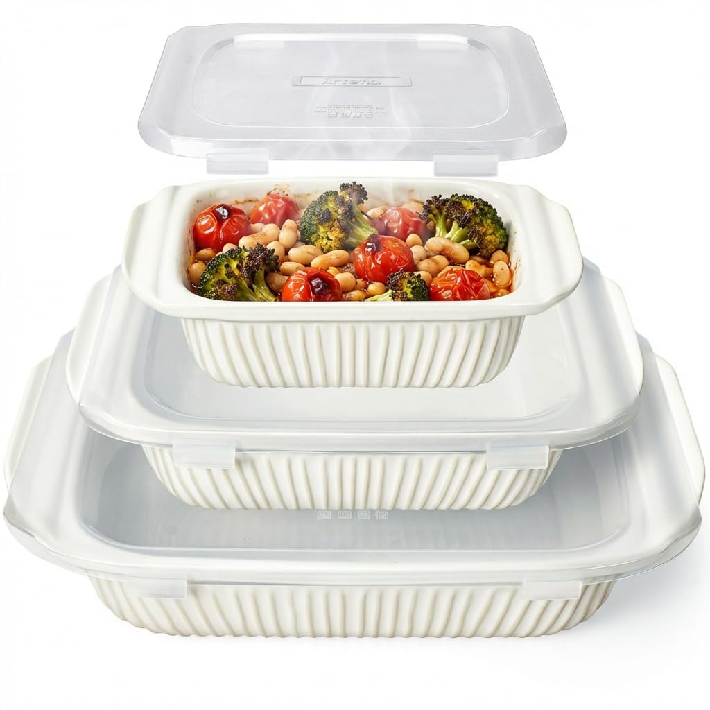 Artena Ceramic Casserole Set, 5.1 Quart 2.3 Quart 1.1 Quart, White With Lids