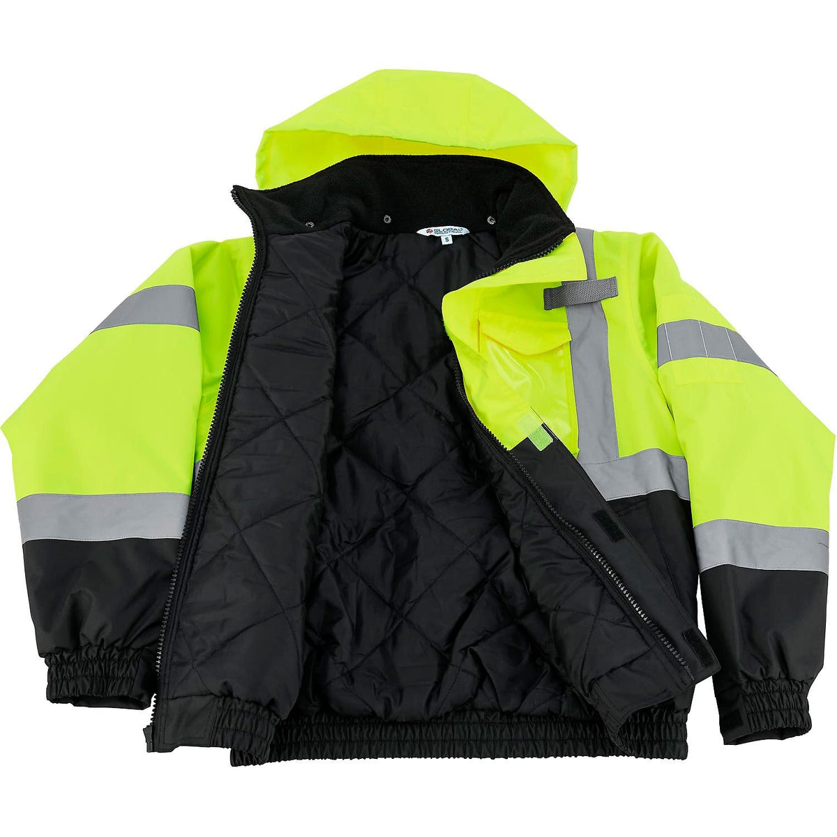 Hi-Vis Safety Bomber Jacket by Global Industrial – Polyester Quilted Lining, Lime Green, Model 641644LS