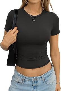 Womens Double Lined Short Sleeve Crop Tops Basic Crew Neck Shirts Y2k Going Out Tops Summer Clothes 2026