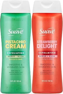 Suave Exfoliating Scrub + Wash Variety 2-Pack – Strawberry Delight & Pistachio Cream, Sulfate-Free Body Wash Set, 18 Oz Ea