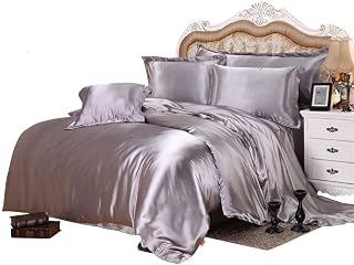Soft Silk Like Satin 600 GSM 7 Piece Warm Comforter Set (Comforter + Flat Sheet + Fitted Sheet + 4 Pillow Cases) Bed in a Bag Duvet Insert Silver King