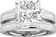 3.5 Ctw 14K White Gold Channel Princess Cut Diamond Engagement Ring Bridal Set Cushion Cut (3 Ct F Color SI2 Clarity Center Stone)