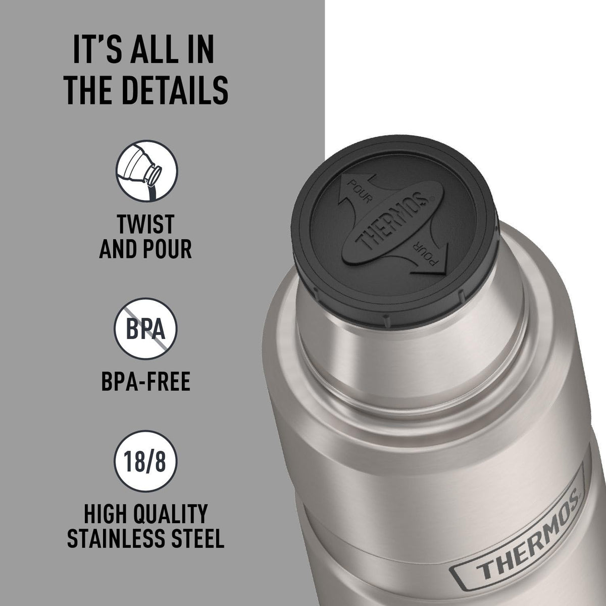 Stainless King Vacuum-Insulated Compact Bottle by THERMOS – 16 Ounces (Pack of 1), 16.0 ounces, Stainless Steel, Stainless, Model SK2000MSTRI4