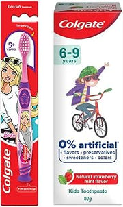 Kids Cavity Protection Toothpaste for 6-9 Years, 80g, Natural Strawberry Mint Flavour, 0% Artificial, with Colgate Barbie Extra Soft bristles Toothbrush (5+ Years)(2.8 Ounce)