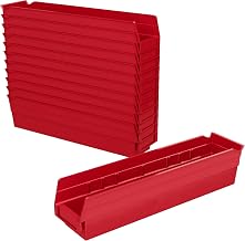Akro-Mils 30128 Heavy Duty Plastic Shelf Bins, 18"x 4"x 4", Red, 12-Pack | Heavy Duty Nesting Storage Bins for Garage, Closet, Refrigerator, Kitchen, Cabinet, Drawer Organization, Pantry Organization
