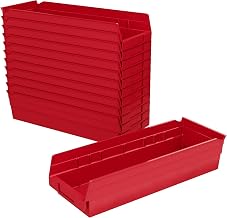 Akro-Mils 30138 Heavy Duty Plastic Shelf Bins, 18"x 6.5"x 4", Red, 12-Pk | Heavy Duty Nesting Storage Bins for Garage, Closet, Refrigerator, Kitchen, Cabinet, Drawer Organization, Pantry Organization