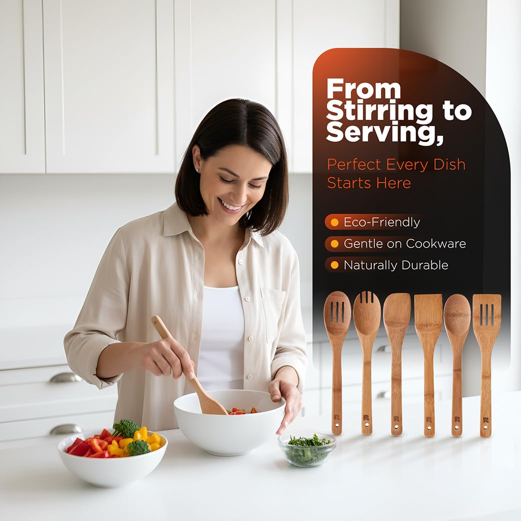 Riveira Bamboo Cooking Utensils Set, 6 Piece, Carbonized Bamboo