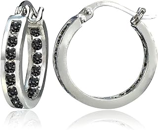 Sterling Silver Black Cubic Zirconia Inside Out Channel-Set Round Hoop Earrings
