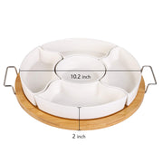 Yarlung Ceramic Divided Appetizer Tray, 11 Inch Bamboo Platter with Handles and Lid, White