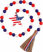 4th of July Wood Bead Garland Decorations with Tassels, Independence Day Patriotic Hanging Prayer Beads with Red White Blue Décor