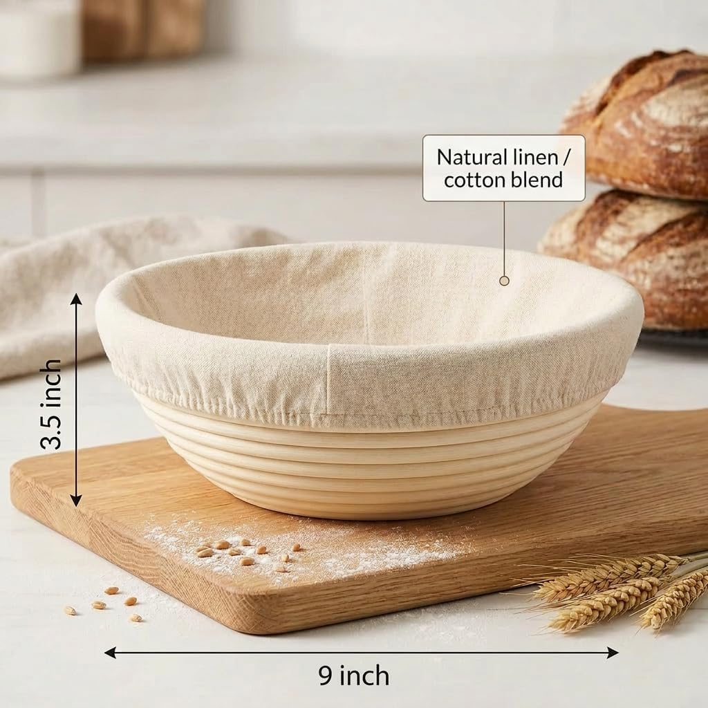 Saint Germain Bakery Round Banneton Basket with Liner, 9 Inch, Brown