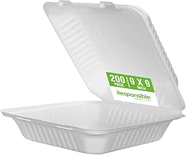 Responsible Products 9 inch Hinged Containers, Tree-Less™ Compostable Molded Fiber Takeout Containers, Extra Strength, Tree-Free and Made Without PFAS, White (200 Count)