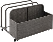 Gray Wicker Cart with Wheels for Pool Float Organizer, Outdoor Toy Holder, Storage Box with Towel Rail, Ideal for Patios or Backyards